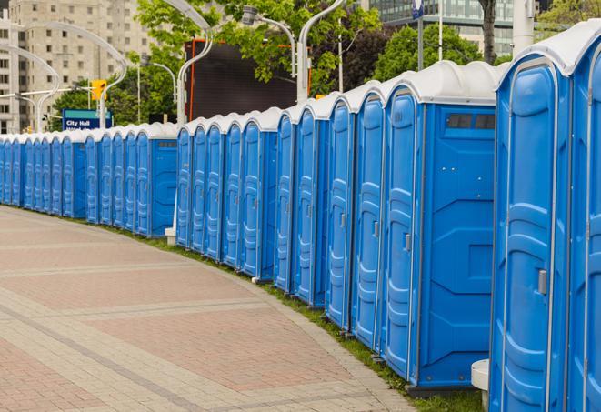 festive, colorfully decorated portable restrooms for a seasonal event in Allston